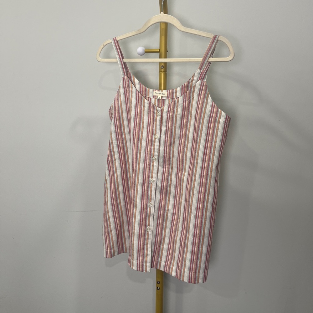 Cotton Bleu White Pink Striped Button-Front Sleeveless Camisole Tank Women's M